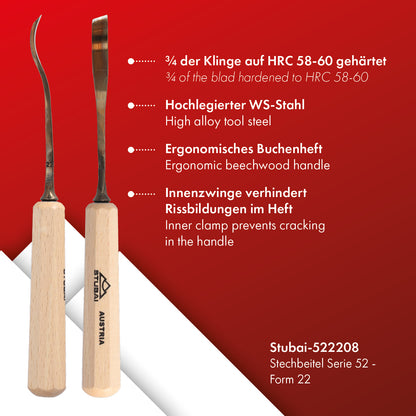 STUBAI Stemmeisen Stechbeitel Serie 52 - Form 22 | Gekröpftes, linksschräges Balleisen 8 mm, mit Holzgriff, für glatte Flächen, zum Vorstechen, Kerb- & Reliefschnitzarbeiten, Holzbearbeitung