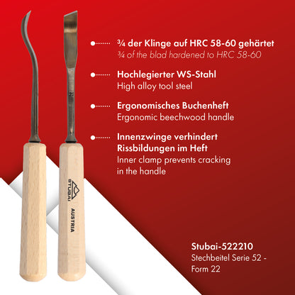 STUBAI Stemmeisen Stechbeitel Serie 52 - Form 22 | Gekröpftes, linksschräges Balleisen 10 mm, mit Holzgriff, für glatte Flächen, zum Vorstechen, Kerb- & Reliefschnitzarbeiten, Holzbearbeitung