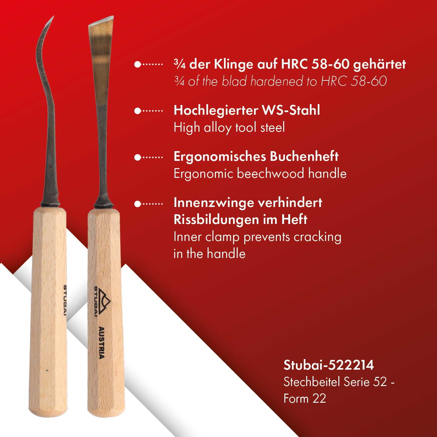 STUBAI Stemmeisen Stechbeitel Serie 52 - Form 22 | Gekröpftes, linksschräges Balleisen 14 mm, mit Holzgriff, für glatte Flächen, zum Vorstechen, Kerb- & Reliefschnitzarbeiten, Holzbearbeitung