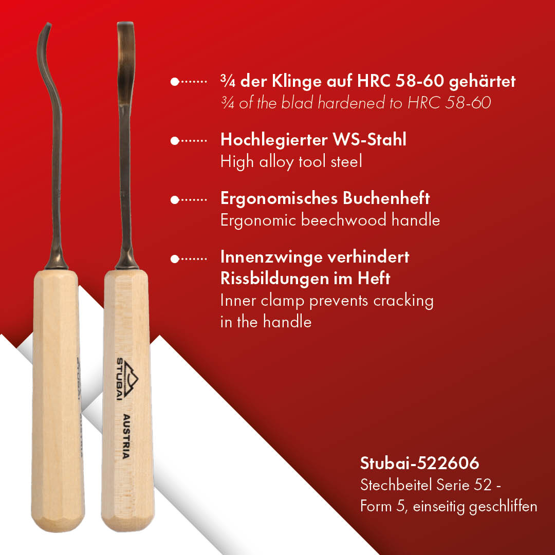 STUBAI Stemmeisen Stechbeitel Serie 52 - Form 26 | Gekröpftes Hohleisen 6 mm, mit Holzgriff, zum Vorstechen, für Anschlagarbeiten, Schrupparbeiten, Rosetten, zur Bearbeitung von Holz