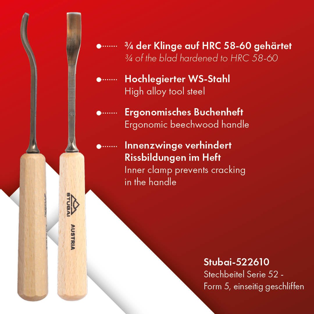 STUBAI Stemmeisen Stechbeitel Serie 52 - Form 26 | Gekröpftes Hohleisen 10 mm, mit Holzgriff, zum Vorstechen, für Anschlagarbeiten, Schrupparbeiten, Rosetten, zur Bearbeitung von Holz