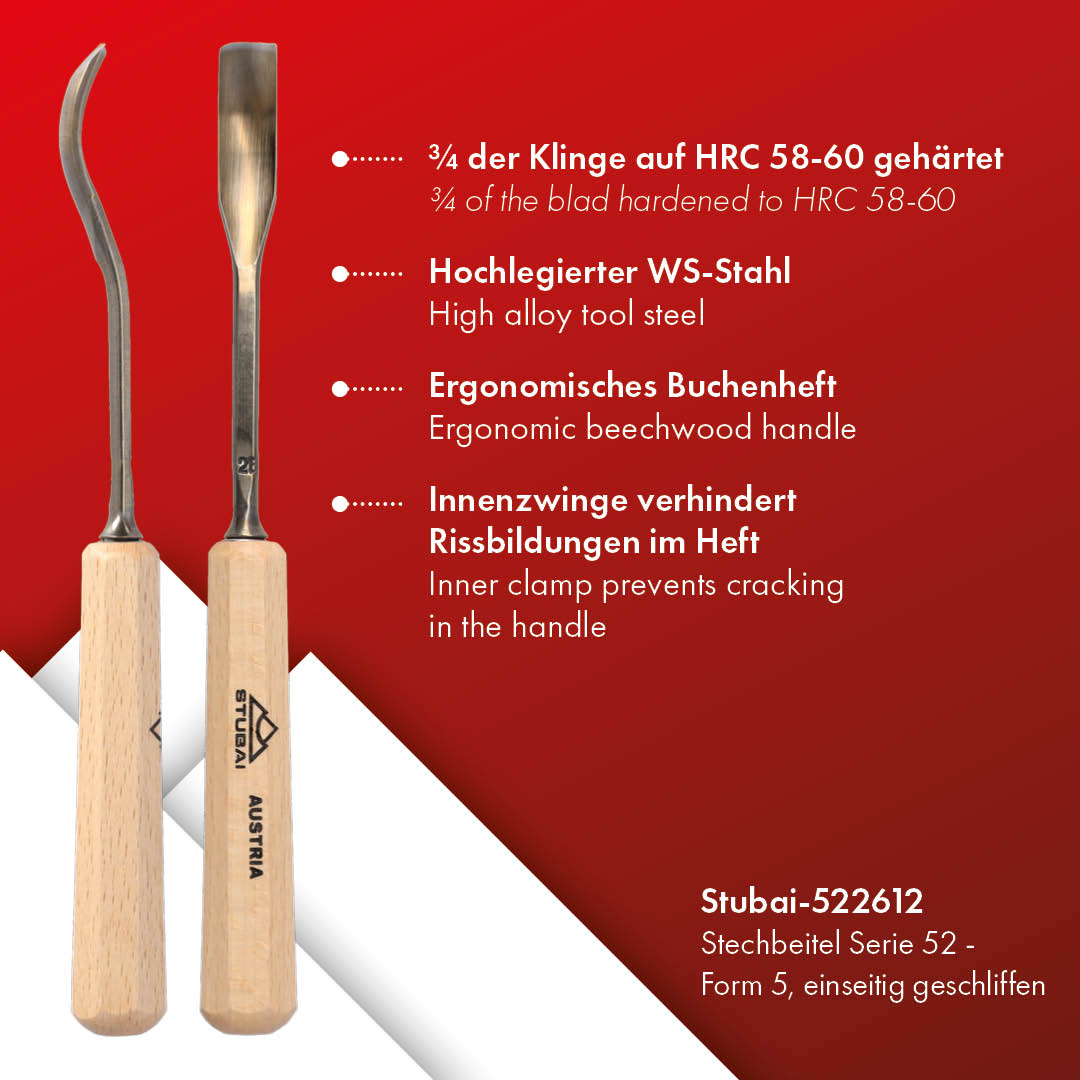 STUBAI Stemmeisen Stechbeitel Serie 52 - Form 26 | Gekröpftes Hohleisen 12 mm, mit Holzgriff, zum Vorstechen, für Anschlagarbeiten, Schrupparbeiten, Rosetten, zur Bearbeitung von Holz