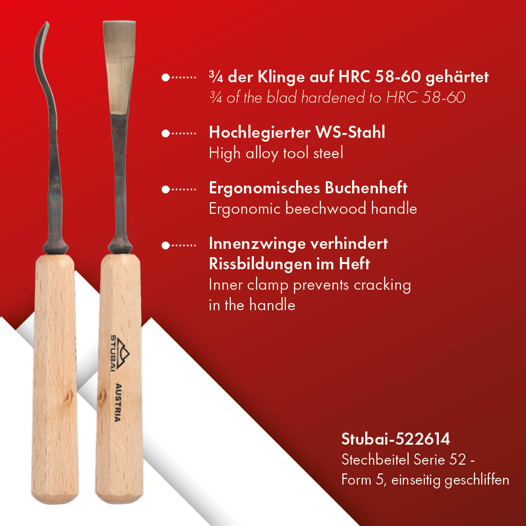 STUBAI Stemmeisen Stechbeitel Serie 52 - Form 26 | Gekröpftes Hohleisen 14 mm, mit Holzgriff, zum Vorstechen, für Anschlagarbeiten, Schrupparbeiten, Rosetten, zur Bearbeitung von Holz