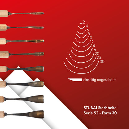 STUBAI Stemmeisen Stechbeitel Serie 52 - Form 30 | Gekröpftes Hohleisen 2 mm, mit Holzgriff, für Figurenarbeiten, Darstellung von welligem Haar und Wasser, zur präzisen Bearbeitung von Holz