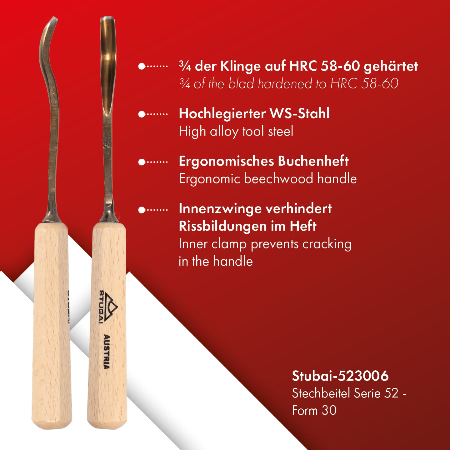 STUBAI Stemmeisen Stechbeitel Serie 52 - Form 30 | Gekröpftes Hohleisen 6 mm, mit Holzgriff, für Figurenarbeiten, Darstellung von welligem Haar und Wasser, zur präzisen Bearbeitung von Holz