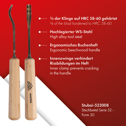 STUBAI Stemmeisen Stechbeitel Serie 52 - Form 30 | Gekröpftes Hohleisen 8 mm, mit Holzgriff, für Figurenarbeiten, Darstellung von welligem Haar und Wasser, zur präzisen Bearbeitung von Holz