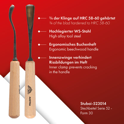 STUBAI Stemmeisen Stechbeitel Serie 52 - Form 30 | Gekröpftes Hohleisen 14 mm, mit Holzgriff, für Figurenarbeiten, Darstellung von welligem Haar und Wasser, zur präzisen Bearbeitung von Holz