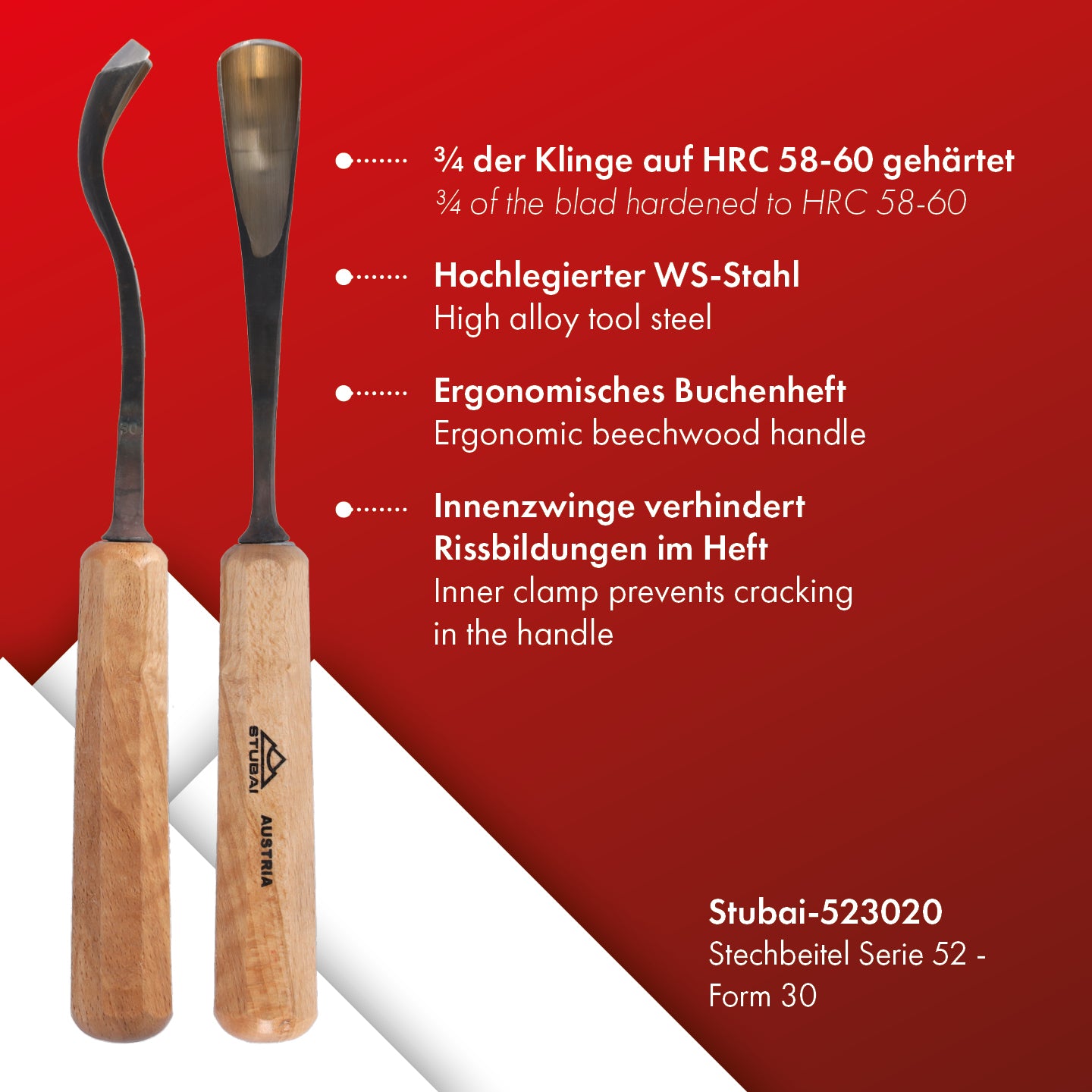 STUBAI Stemmeisen Stechbeitel Serie 52 - Form 30 | Gekröpftes Hohleisen 20 mm, mit Holzgriff, für Figurenarbeiten, Darstellung von welligem Haar und Wasser, zur präzisen Bearbeitung von Holz