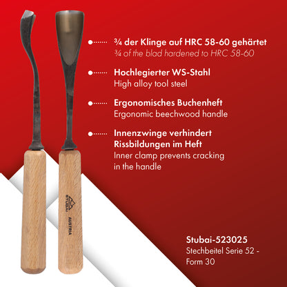 STUBAI Stemmeisen Stechbeitel Serie 52 - Form 30 | Gekröpftes Hohleisen 25 mm, mit Holzgriff, für Figurenarbeiten, Darstellung von welligem Haar und Wasser, zur präzisen Bearbeitung von Holz