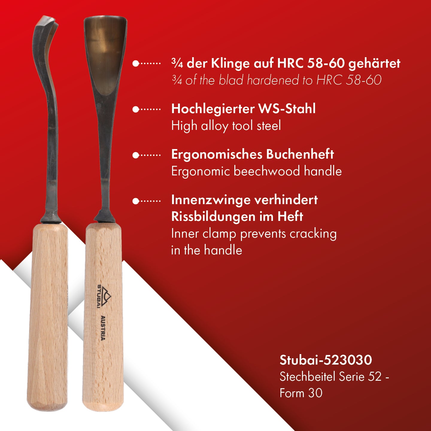 STUBAI Stemmeisen Stechbeitel Serie 52 - Form 30 | Gekröpftes Hohleisen 30 mm, mit Holzgriff, für Figurenarbeiten, Darstellung von welligem Haar und Wasser, zur präzisen Bearbeitung von Holz