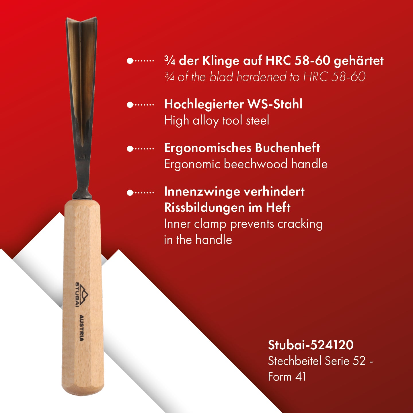 STUBAI Stemmeisen Stechbeitel Serie 52 - Form 41 | Gerader Gaißfuß 20 mm, mit Holzgriff, für Kerb- und Reliefschnitzarbeiten, Figurenarbeiten, Profilleisten, zur präzisen Bearbeitung von Holz