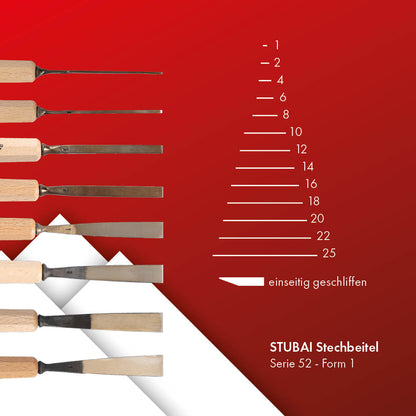 STUBAI Stemmeisen Stechbeitel Serie 52 - Form 71 | einseitig geschliffen 1 mm, mit Holzgriff, für glatte Flächen, zum Vorstechen, Kerb- und Reliefschnitzarbeiten, zur präzisen Bearbeitung von Holz