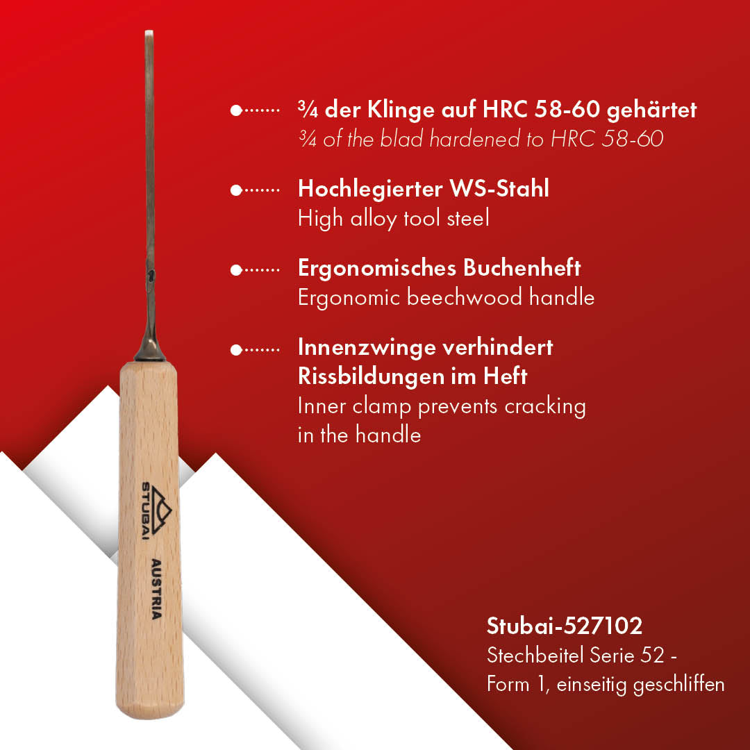 STUBAI Stemmeisen Stechbeitel Serie 52 - Form 71 | einseitig geschliffen 2 mm, mit Holzgriff, für glatte Flächen, zum Vorstechen, Kerb- und Reliefschnitzarbeiten, zur präzisen Bearbeitung von Holz