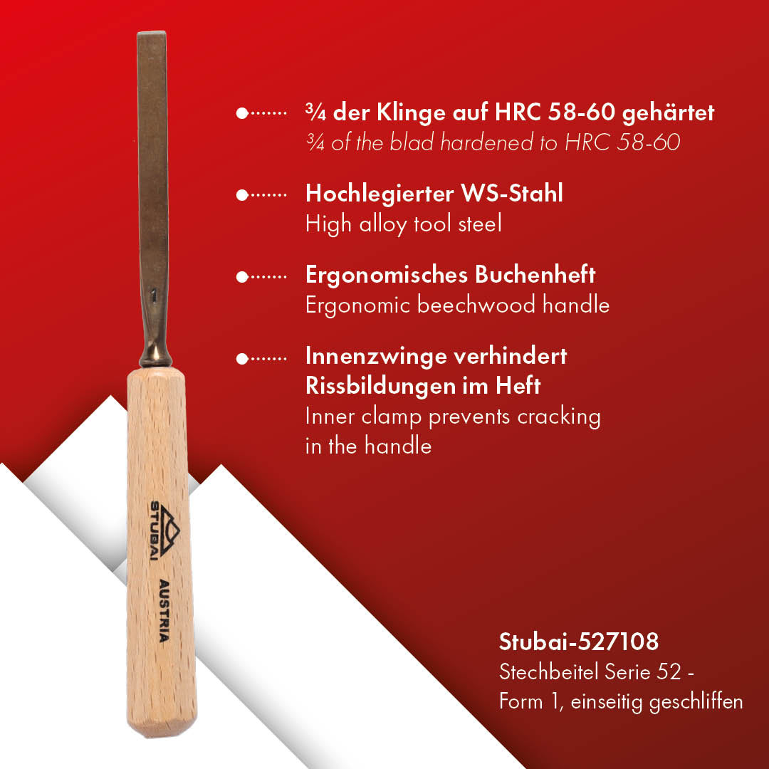 STUBAI Stemmeisen Stechbeitel Serie 52 - Form 71 | einseitig geschliffen 8 mm, mit Holzgriff, für glatte Flächen, zum Vorstechen, Kerb- und Reliefschnitzarbeiten, zur präzisen Bearbeitung von Holz