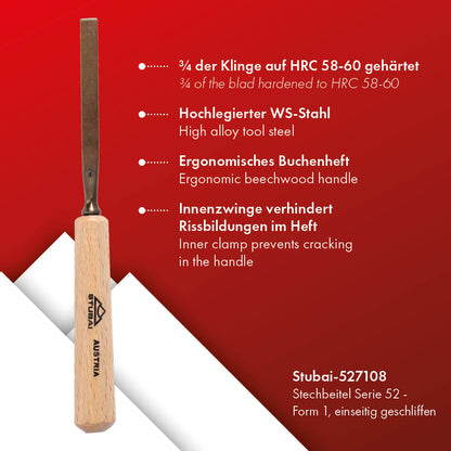 STUBAI Stemmeisen Stechbeitel Serie 52 - Form 71 | einseitig geschliffen 8 mm, mit Holzgriff, für glatte Flächen, zum Vorstechen, Kerb- und Reliefschnitzarbeiten, zur präzisen Bearbeitung von Holz