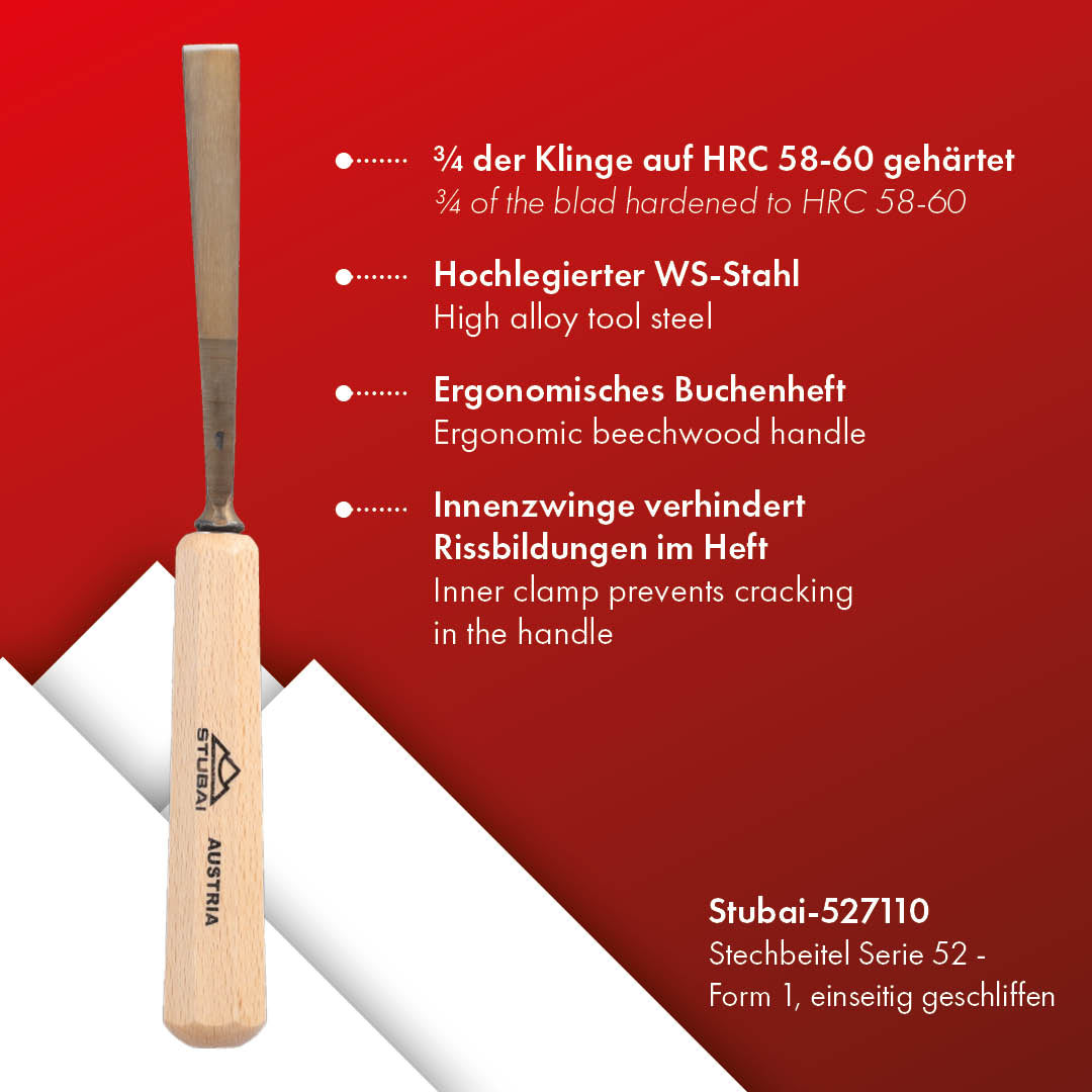 STUBAI Stemmeisen Stechbeitel Serie 52 - Form 71 | einseitig geschliffen 10 mm, mit Holzgriff, für glatte Flächen, zum Vorstechen, Kerb- und Reliefschnitzarbeiten, zur präzisen Bearbeitung von Holz
