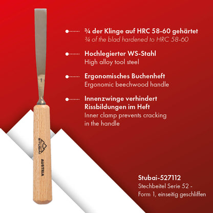 STUBAI Stemmeisen Stechbeitel Serie 52 - Form 71 | einseitig geschliffen 12 mm, mit Holzgriff, für glatte Flächen, zum Vorstechen, Kerb- und Reliefschnitzarbeiten, zur präzisen Bearbeitung von Holz