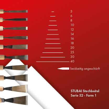 STUBAI Stemmeisen Stechbeitel Serie 52 - Form 1 | Gerades Balleisen 9 mm, mit Holzgriff, für glatte Flächen, zum Vorstechen, Kerb- und Reliefschnitzarbeiten, zur Bearbeitung von Holz