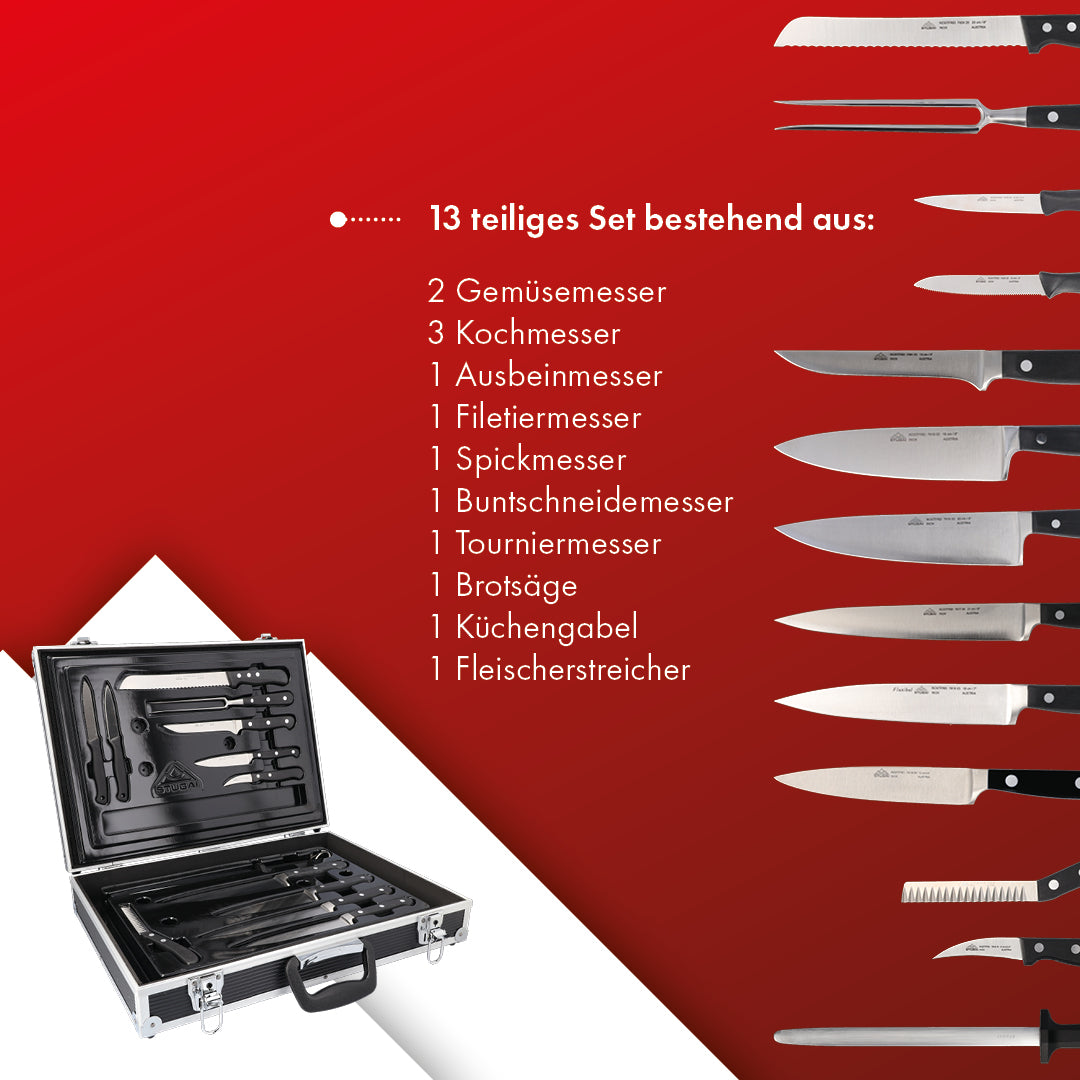 STUBAI 13 teiliges Messerset mit Alu-Messerkoffer komplett mit Einsatz, 2 Gemüsemesser, 3 Kochmesser, Filetiermesser, Spickmesser, Buntschneidemesser, Tourniermesser, Brotsäge, Küchengabel, Fleischerstreicher