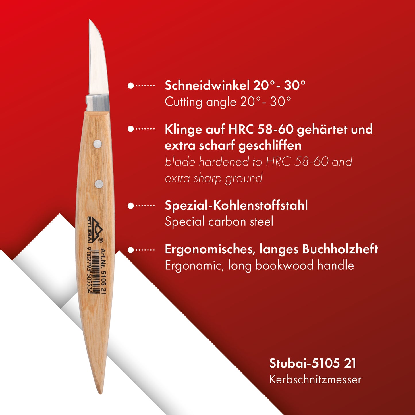 STUBAI Kerbschnitzmesser 50 mm | Kerbschnitzmesser mit Holzheft, extra scharf geschliffen, gerade Schneide und runder Rücken, Schnitzwerkzeug, Holzbearbeitung