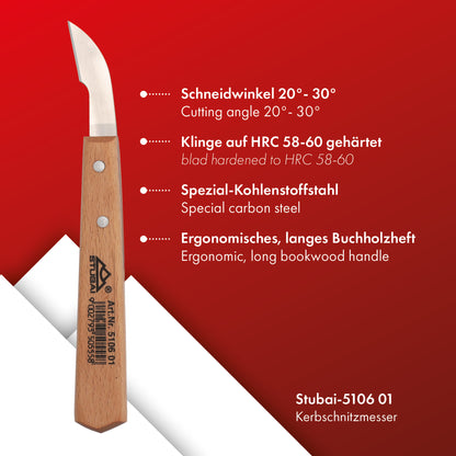 STUBAI Kerbschnitzmesser 45 mm | Kerbschnitzmesser mit Holzheft, lange, schräge Schneide, Holzbearbeitung, Schnitzwerkzeug