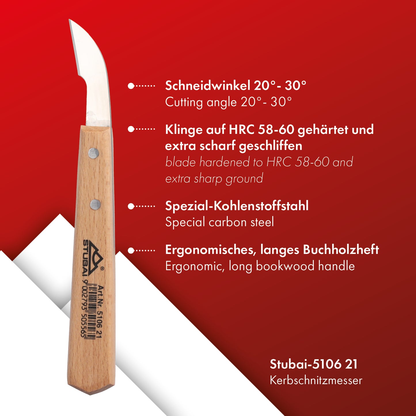 STUBAI Kerbschnitzmesser 45 mm | Kerbschnitzmesser mit Holzheft, extra scharf geschliffen, lange, schräge Schneide, Holzbearbeitung, Schnitzwerkzeug