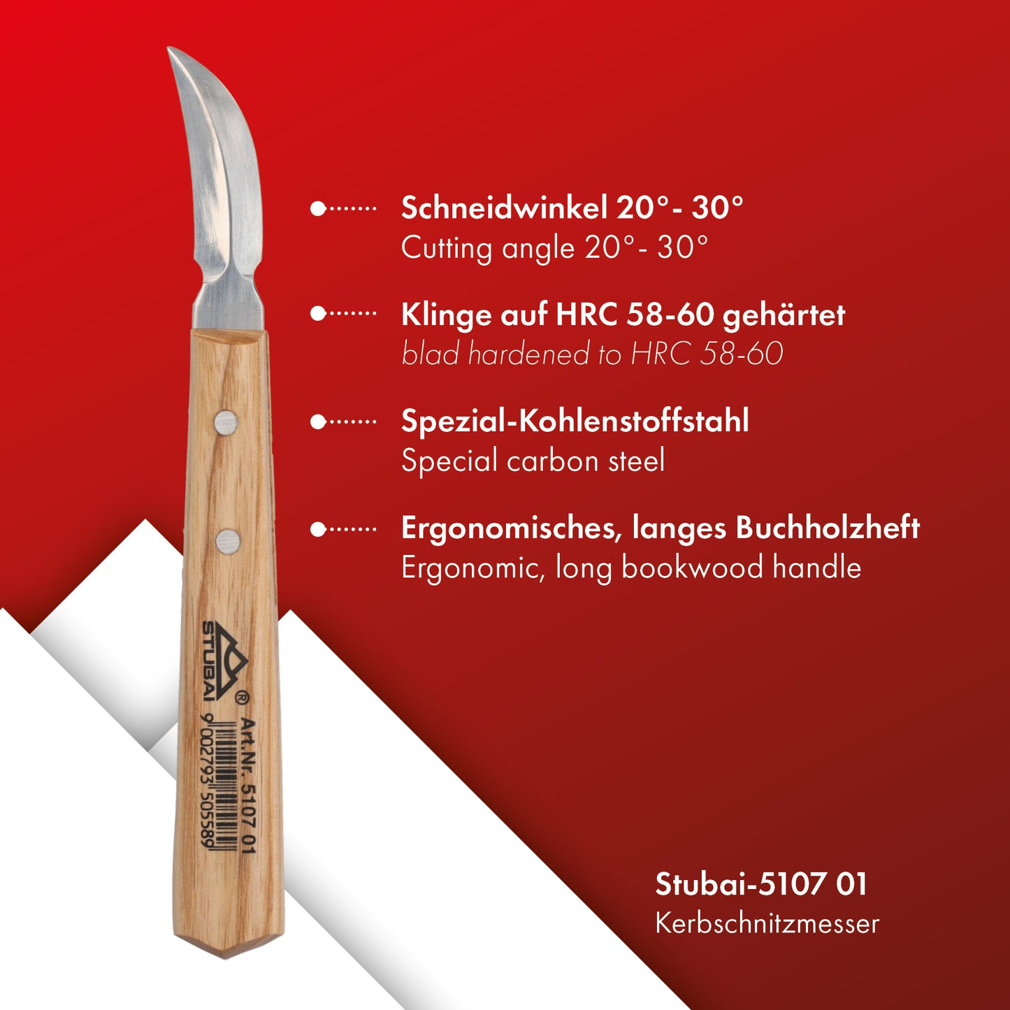 STUBAI Kerbschnitzmesser 45 mm | Kerbschnitzmesser mit Holzheft, doppelseitige, gebogene Schneide, Holzbearbeitung, Schnitzwerkzeug