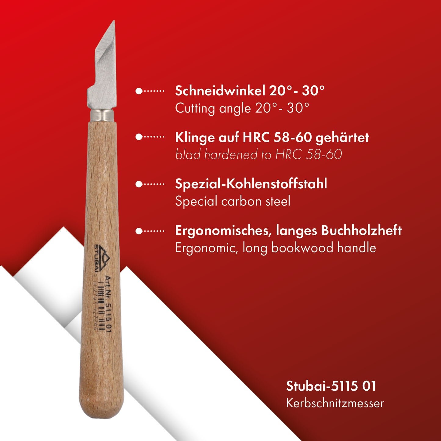 STUBAI Kerbschnitzmesser 50 mm | Kerbschnitzmesser mit Holzheft, schmale Klinge, schräge Schneide, Holzbearbeitung, Schnitzwerkzeug