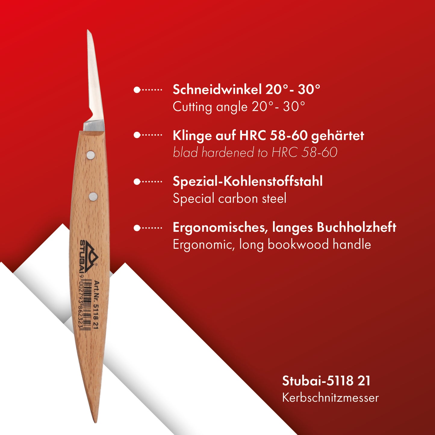 STUBAI Kerbschnitzmesser 45 mm | Kerbschnitzmesser mit Holzheft, extra scharf geschliffen, gerade Klinge, SB-V, Holzbearbeitung, Schnitzwerkzeug