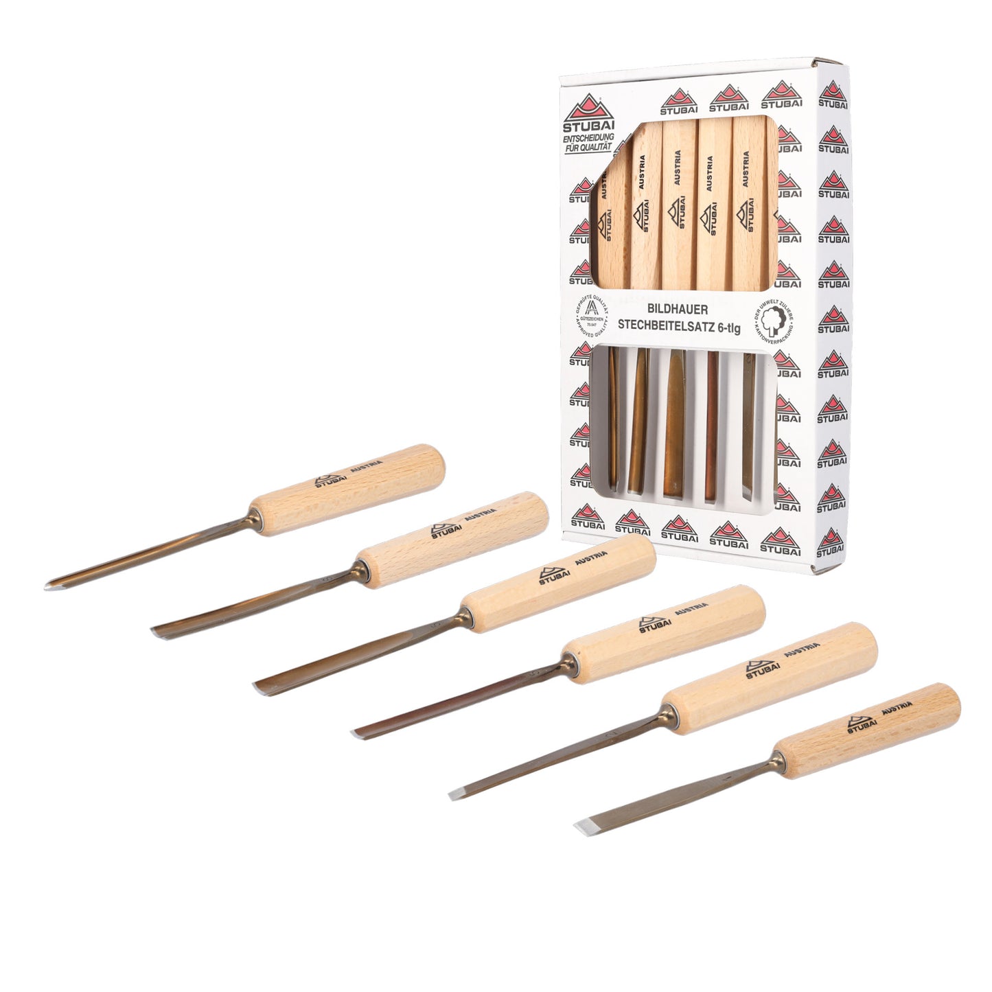 STUBAI Schnitzersatzset Kerbschnitzmesser Set Serie 52, 6-teilig - Balleisen 5 mm & 10 mm + Hohleisen 4 mm, 6 mm, 10 mm & 12 mm, Schnitzeisen mit Holzgriff, geschärft, zur Bearbeitung von Holz