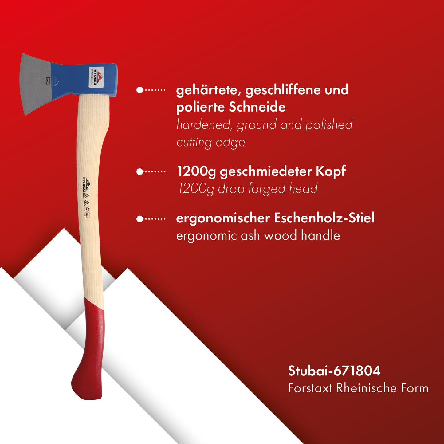 STUBAI Forstaxt | 1200 g Kopfgewicht | Axt Rheinische Form aus Stahl mit Holzgriff, kleine Axt zur Wald- und Gartenarbeit, Fällaxt, Spaltaxt, Universalaxt