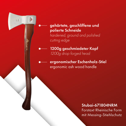 STUBAI Forstaxt Rheinische Form mit Messing Stielschutz 1200 g im Nirolook