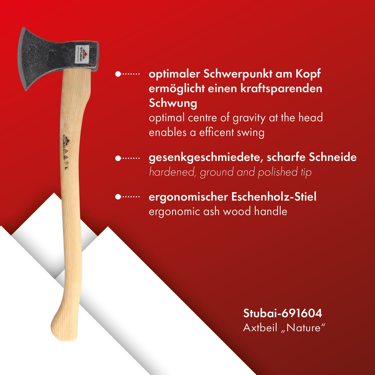 STUBAI Astbeil Nature mit Stiel 650 mm | 1200 g | Axt mit Griff aus Eschenholz | Beil für Wald, Outdoor, Bushcraft | Forstaxt zum Holzspalten