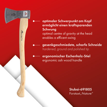 STUBAI Forstaxt Nature Rhein-Form mit Stiel 650 mm | 1200 g | Axt mit Griff aus Eschenholz | Beil für Wald, Bushcraft | Forstaxt zum Holzspalten