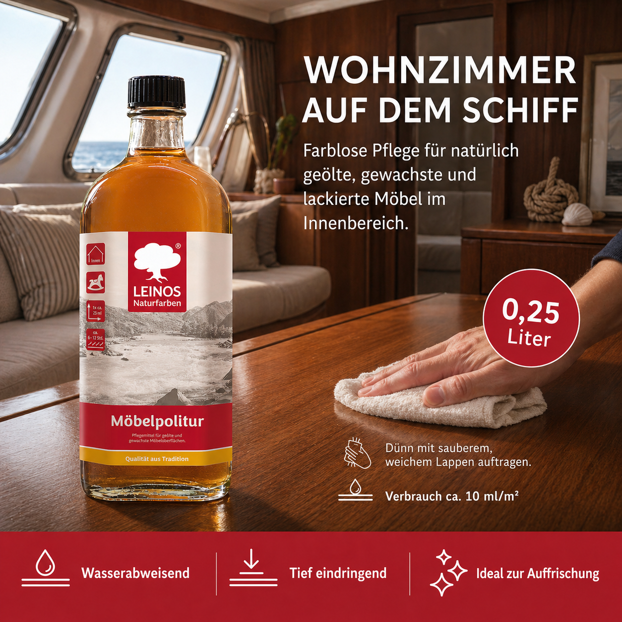 Pflegemittel für geölte und gewachste Möbeloberflächen 0,25l | Zur Pflege von natürlich geölten, gewachsten und lackierten Oberflächen im Innenbereich.