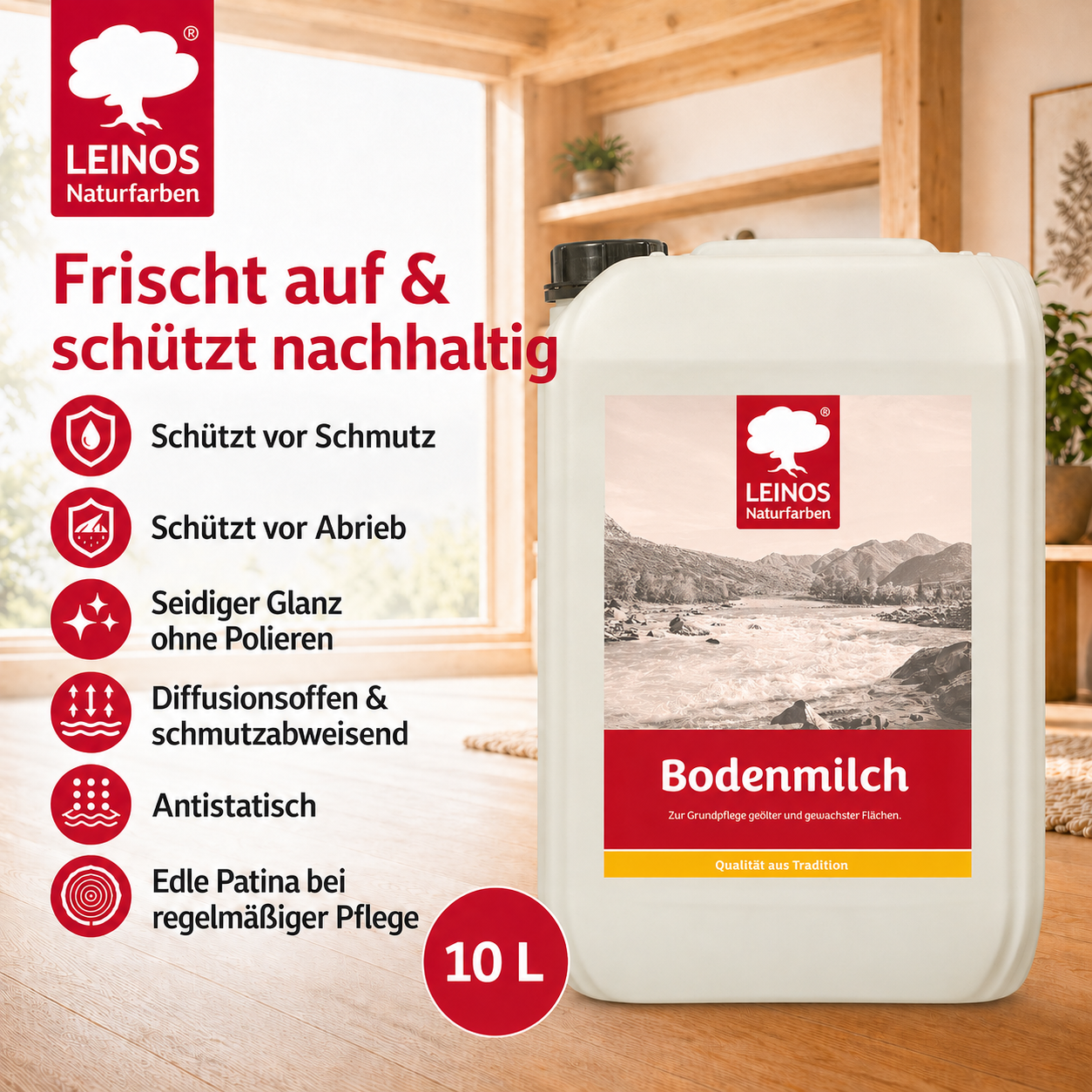 LEINOS 920 Bodenmilch 10 Liter | Pflegemittel für geölte, gewachste und lackierte Fußböden |  Holz, Kork und Linoleum | ergibt seidenglänzende Oberfläche