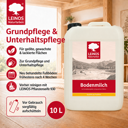LEINOS 920 Bodenmilch 10 Liter | Pflegemittel für geölte, gewachste und lackierte Fußböden |  Holz, Kork und Linoleum | ergibt seidenglänzende Oberfläche
