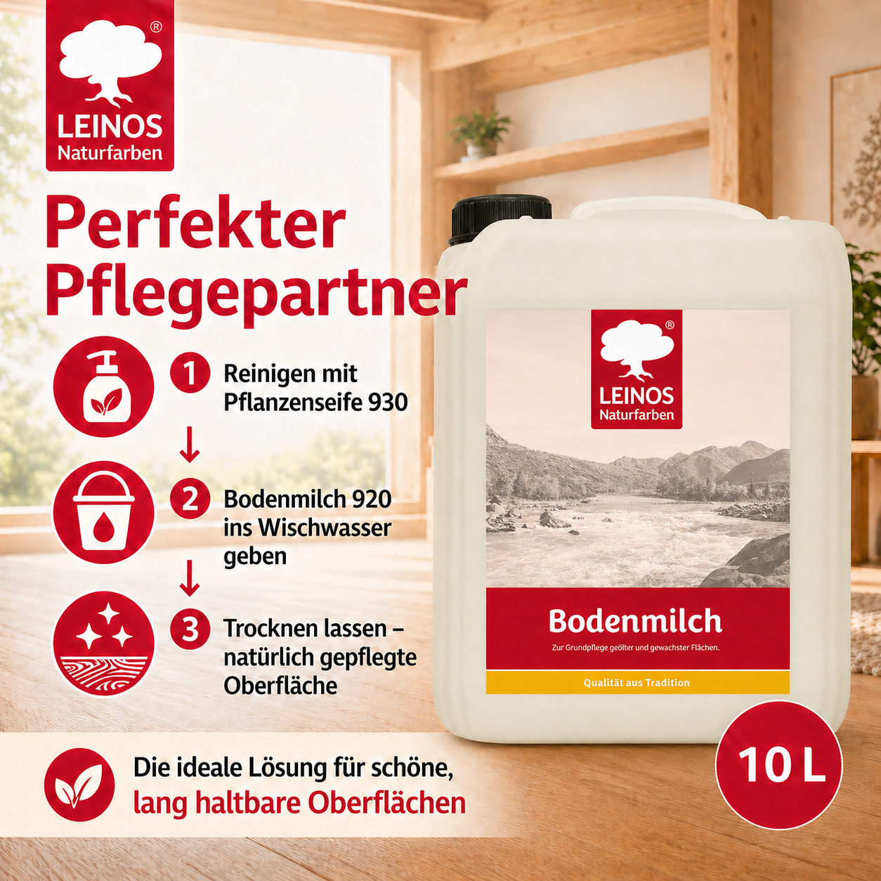 LEINOS 920 Bodenmilch 10 Liter | Pflegemittel für geölte, gewachste und lackierte Fußböden |  Holz, Kork und Linoleum | ergibt seidenglänzende Oberfläche