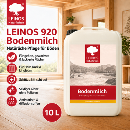 LEINOS 920 Bodenmilch 10 Liter | Pflegemittel für geölte, gewachste und lackierte Fußböden |  Holz, Kork und Linoleum | ergibt seidenglänzende Oberfläche