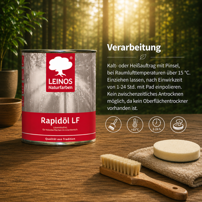 LEINOS Rapidöl LF 249, 0,75 l – lösemittelfreie Öl-Wachs-Kombination für Holz, schnelle Einmalbehandlung & Reparatur, pastös, sehr gut polierbar, für wenig beanspruchte Holzoberflächen