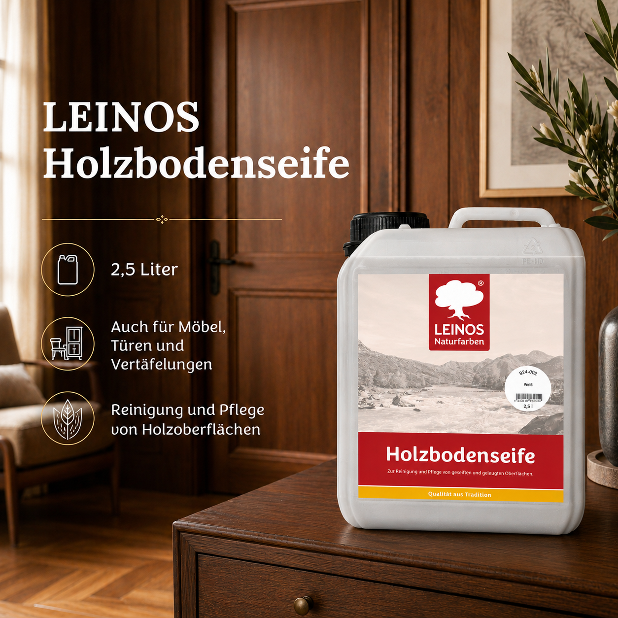 LEINOS 924 Holzbodenseife 2,50 l Weiß | Zur Reinigung, Pflege und Veredelung von geseiften und gelaugten, sowie von natur- und weißgeölten Holzoberflächen