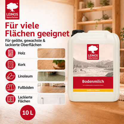 LEINOS 920 Bodenmilch 10 Liter | Pflegemittel für geölte, gewachste und lackierte Fußböden |  Holz, Kork und Linoleum | ergibt seidenglänzende Oberfläche