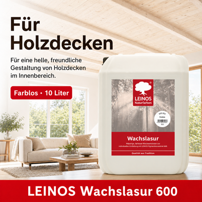 Leinos 600 Wachslasur für Innen 002 farblos 10 Liter – wässrige Holzlasur für Möbel, Holzdecken, Wandverkleidungen und Kinderspielzeug im Innenbereich, weiß, pigmentierbar, leicht aufzutragen