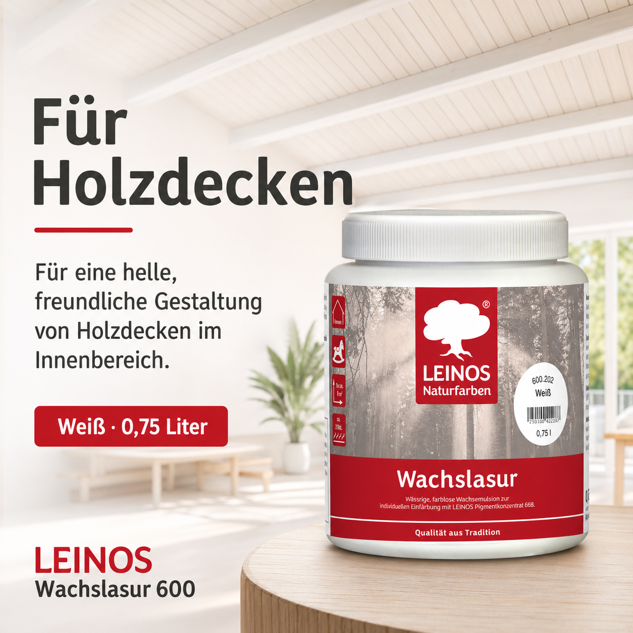 Leinos 600 Wachslasur für Innen 202 Weiß 0,75 l – wässrige Holzlasur für Möbel, Holzdecken, Wandverkleidungen und Kinderspielzeug im Innenbereich, weiß, pigmentierbar, leicht aufzutragen