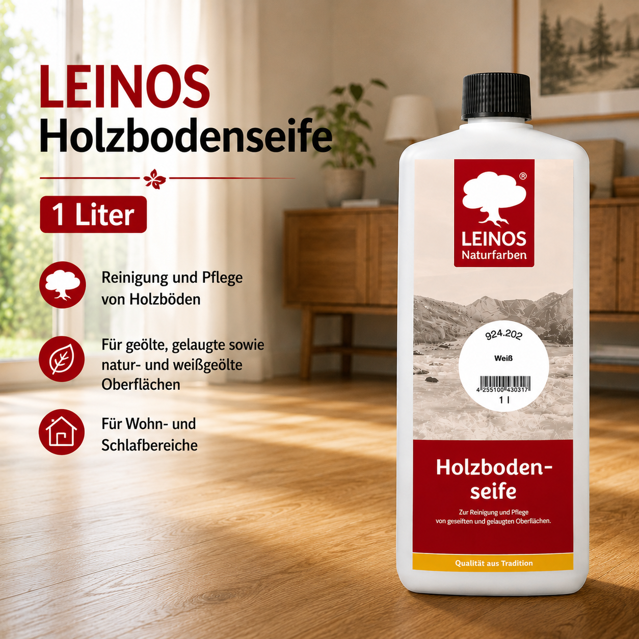 LEINOS Holzbodenseife 924 weiß 1 Liter – hochkonzentrierte Reinigung & Pflege für gelaugte/geseifte Holzböden | für Erstbehandlung 1:10 & Unterhalt 1:40 | rückfettend