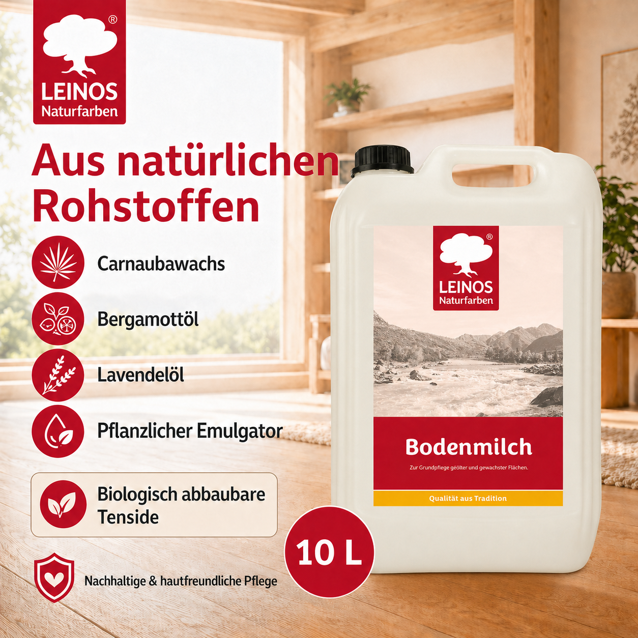 LEINOS 920 Bodenmilch 10 Liter | Pflegemittel für geölte, gewachste und lackierte Fußböden |  Holz, Kork und Linoleum | ergibt seidenglänzende Oberfläche