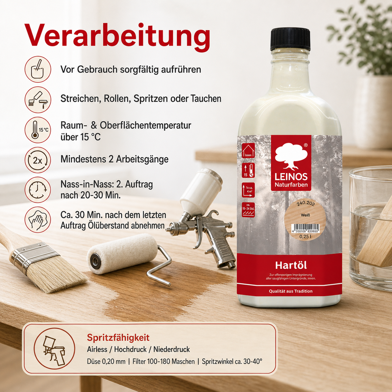 LEINOS Holzöl 250 ml | Hartöl Weiß für Tische Möbel Arbeitsplatten | Teak Eiche Möbelöl für effektive Versiegelung und langanhaltenden Schutz im Innenbereich