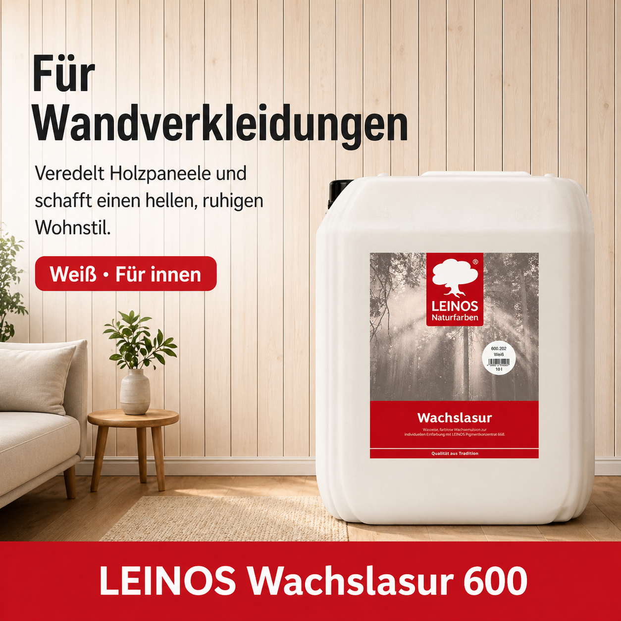 Leinos 600 Wachslasur für Innen 202 10 Liter weiß – wässrige Holzlasur für Möbel, Holzdecken, Wandverkleidungen und Kinderspielzeug im Innenbereich, weiß, pigmentierbar, leicht aufzutragen