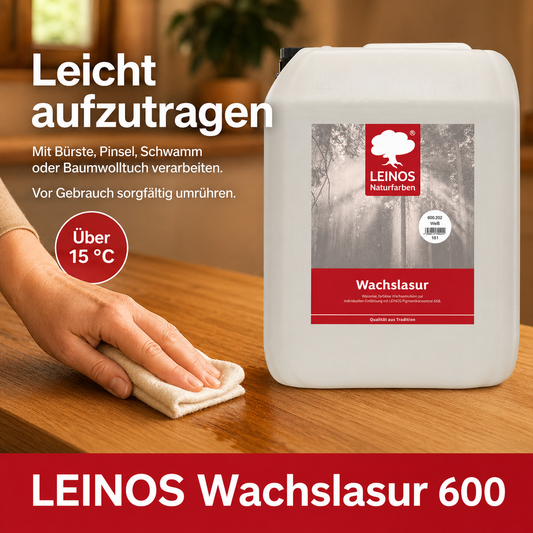 Leinos 600 Wachslasur für Innen 202 10 Liter weiß – wässrige Holzlasur für Möbel, Holzdecken, Wandverkleidungen und Kinderspielzeug im Innenbereich, weiß, pigmentierbar, leicht aufzutragen