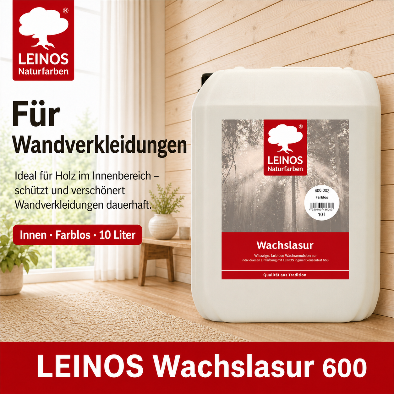 Leinos 600 Wachslasur für Innen 002 farblos 10 Liter – wässrige Holzlasur für Möbel, Holzdecken, Wandverkleidungen und Kinderspielzeug im Innenbereich, weiß, pigmentierbar, leicht aufzutragen
